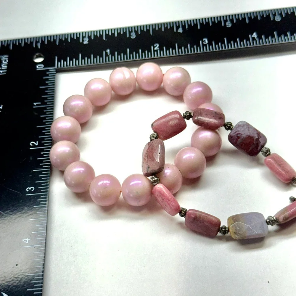 Chunky Pink Round Beads Mixed Gemstone‎ Style Toggle Bracelet Set of Two